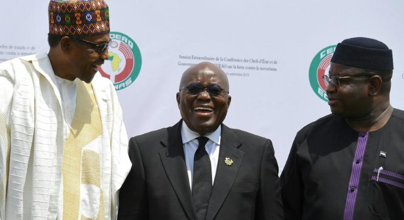 Presidents Muhammadu Buhari of Nigeria (L), Nana Akufo-Addo of Ghana (C) and Julius Maada Bio of Sierra Leone were among the leaders meeting in Ouagadougou