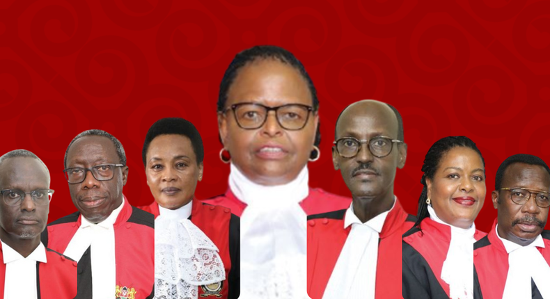 Kenya's Supreme Court judges (L-R): Justice Isaac Lenaola, Justice William Ouko, Deputy Chief Justice Philomena Mwilu, Chief Justice Martha Koome, Justice Mohamed Ibrahim, Justice Njoki Ndung'u and Justice Smokin Wanjala