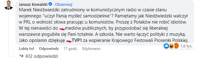 Komentarz Janusza Kowalskiego (screen z Facebooka)