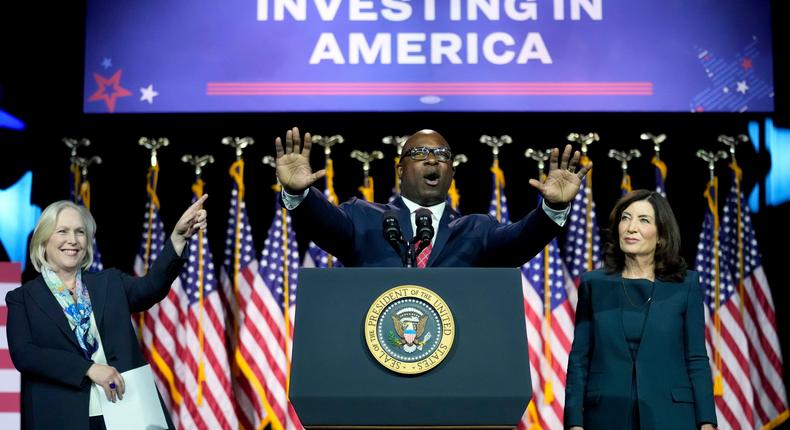 Rep. Jamaal Bowman, D-N.Y., addresses the audience alongside New York Gov. Kathy Hochul, right, and Sen. Kirsten Gillibrand, D-N.Y., left, before President Joe Biden speaks on the debt limit during an event at SUNY Westchester Community College, Wednesday, May 10, 2023, in Valhalla, N.Y.John Minchillo/AP