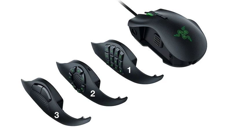 Razer Naga Trinity dostarczana jest z wymiennymi panelami bocznymi: dla tytułów takich jak "World of Warcraft" z wieloma przyciskami (1), z "kółkiem przyciskowym" (2) dla gier takich jak "Battlefield" oraz klasycznie z dwoma przyciskami (3)