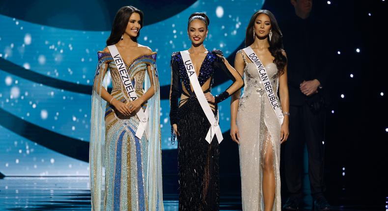 Miss Venezuela Amanda Dudamel, Miss USA R'Bonney Gabriel, and Miss Dominican Republic Andrena Martnez onstage during the Miss Universe competition in New Orleans, Louisiana, on January 14, 2023.Timothy A. Clary/AFP via Getty Images