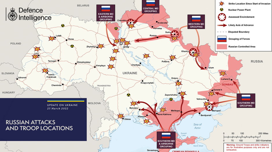 Zasięg rosyjskich postępów na terytorium Ukrainy według stanu na 25 marca 2022 r.