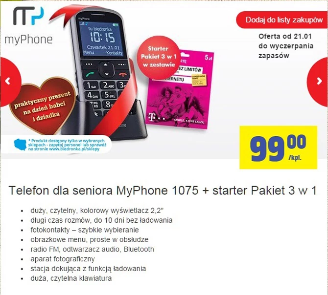 Tak prezentuje się oferta telefonu myPhone 1075 opublikowana na stronie WWW firmy Biedronka