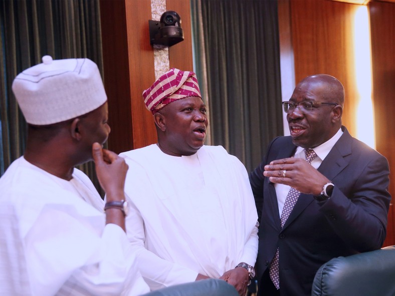 Former Lagos Governor, Akinwunmi Ambode, Godwin Obaseki of Edo State and Gombe's Ibrahim Dankwambo during NEC meeting at the Statehouse before the 2019 elections (State House press corps)