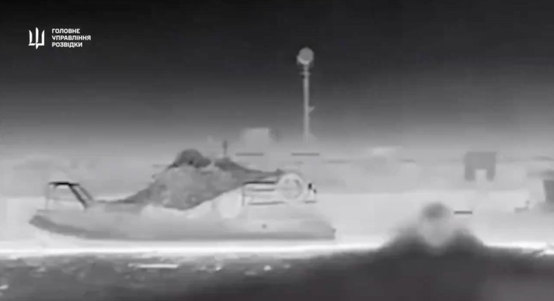 A Ukrainian Magura V5 naval drone approaches a Russian boat in the occupied Crimean peninsula.Ministry of Defense of Ukraine/Screengrab via X