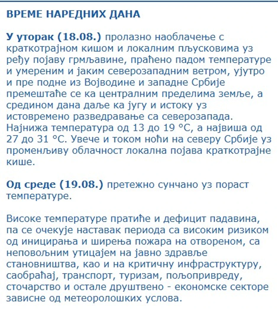 RHMZ, prognoza za 18. i 19. avgust