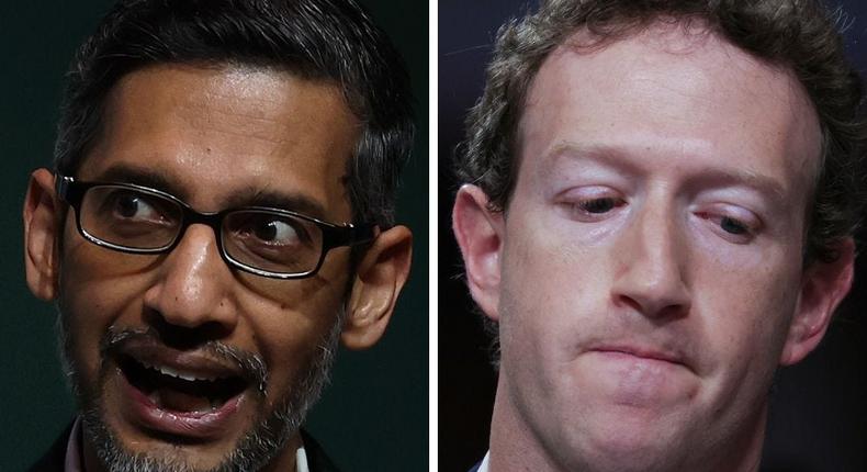 Google CEO Sundar Pichai (left) and Meta CEO Mark Zuckerberg (right).Justin Sullivan via Getty Images; Alex Wong via Getty Images
