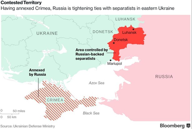 Sytuacja we wschodniej Ukrainie. Na czerwono obszar kontrolowany przez separatystów wspieranych przez Rosję