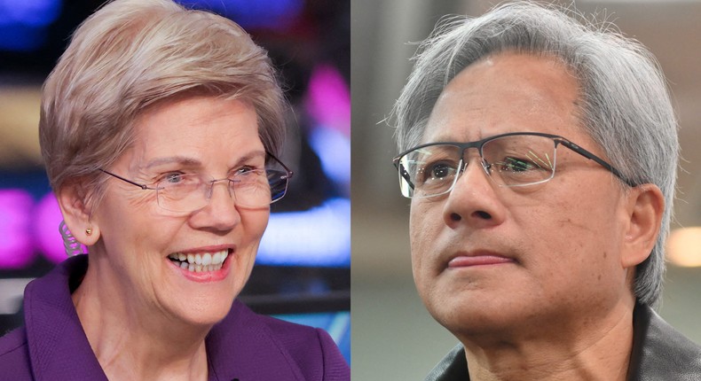 US Sen. Elizabeth Warren is warning that Nvidia, led by CEO Jensen Huang, has too much dominance in the chipmaking market.REUTERS/Andrew Kelly; SAM YEH/AFP via Getty Images