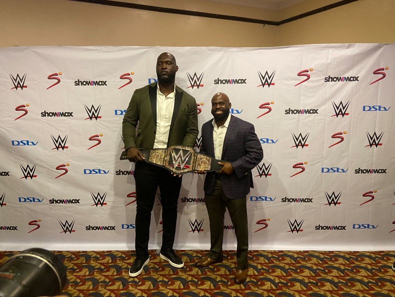 Omos and Apollo Crews at the WWE Press Conference at Sheraton Hotel, Ikeja, Lagos on November 8, 2022.