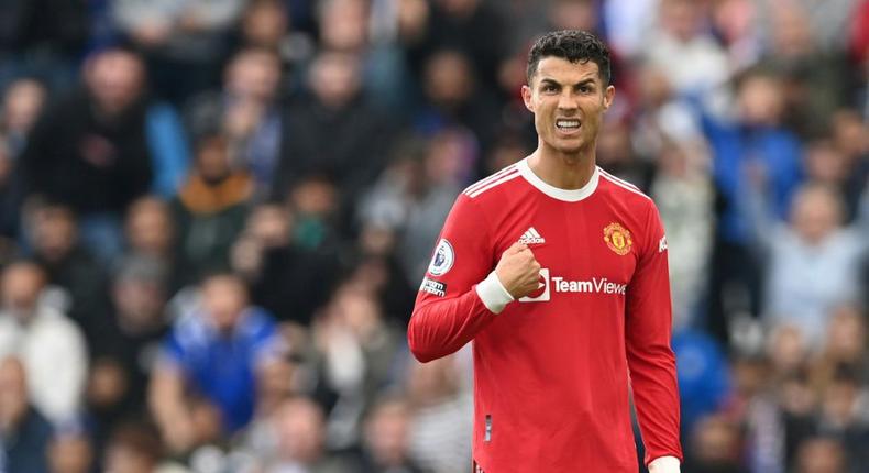 Manchester United's Portuguese striker Cristiano Ronaldo during the English Premier League football match between Leicester City and Manchester United at King Power Stadium in Leicester, central England on October 16, 2021 Creator: Paul ELLIS