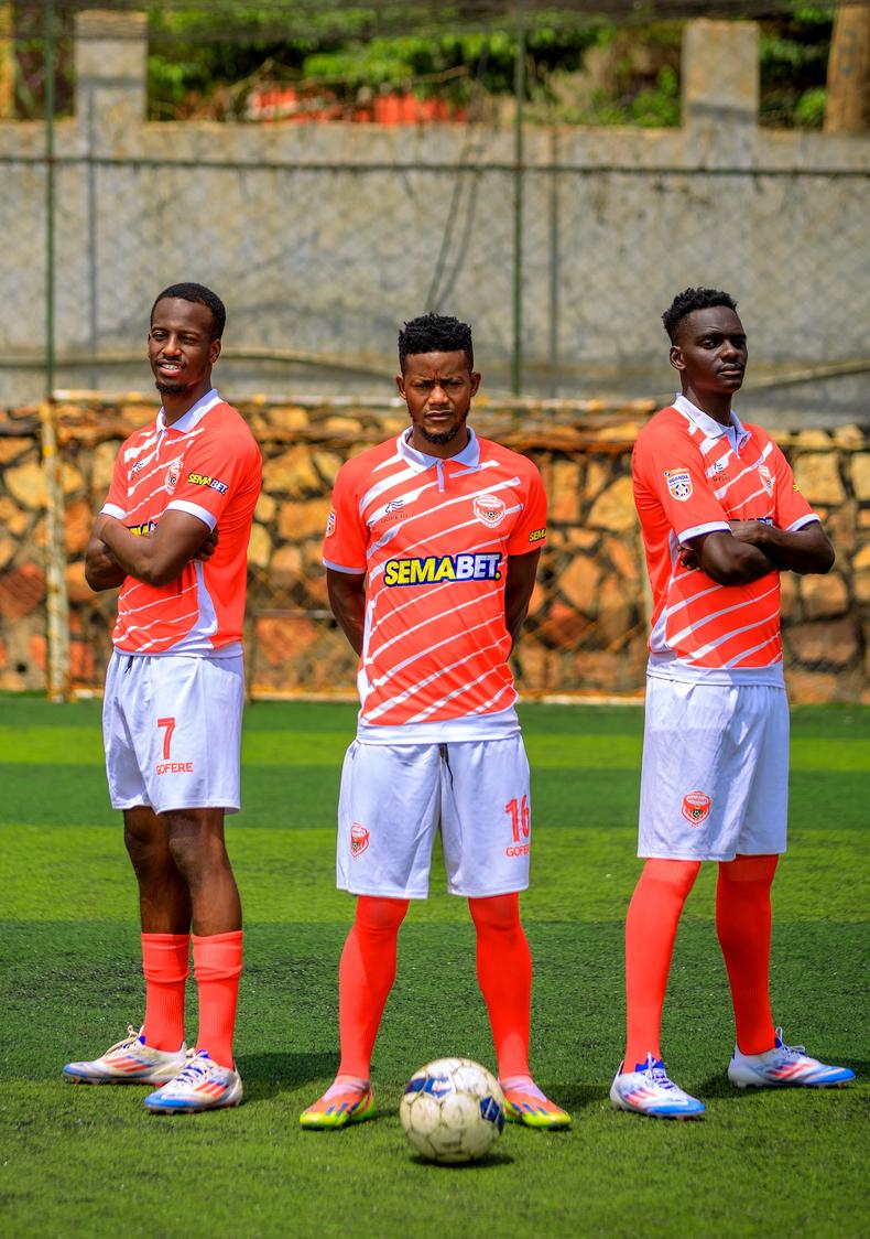 Left to right: Ssali Alfa Theiry, Saidi Kyeyune and Mustafa Kizza donning the new kit.