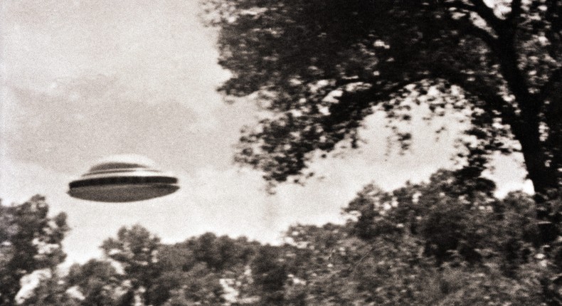 In 1963, the Amalgamated Flying Saucer Club of America released this photo taken by a member reportedly showing a flying saucer estimated at seventy feet in diameter.Getty Images