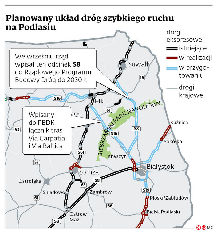 Planowany układ dróg szybkiego ruchu na Podlasiu