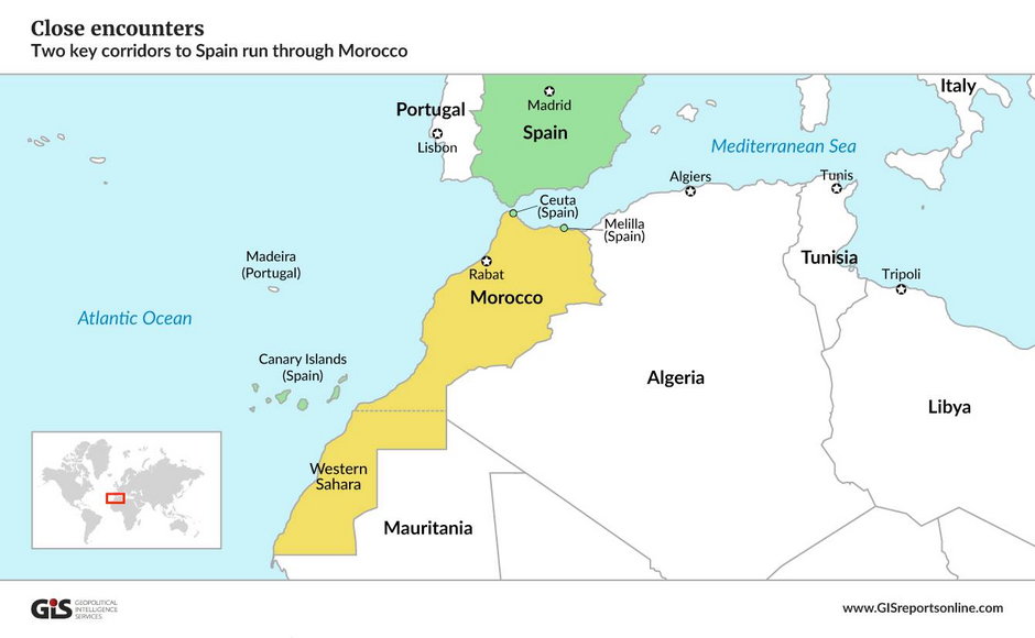 Ceuta na mapie Afryki Płn. i Europy