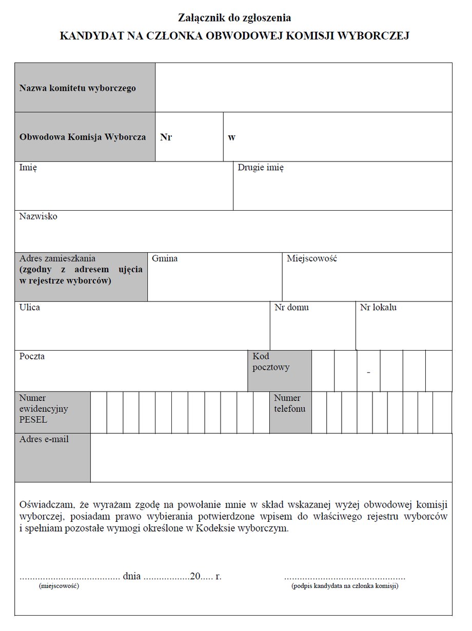 Formularz zgłoszenia kandydata na członka komisji wyborczej