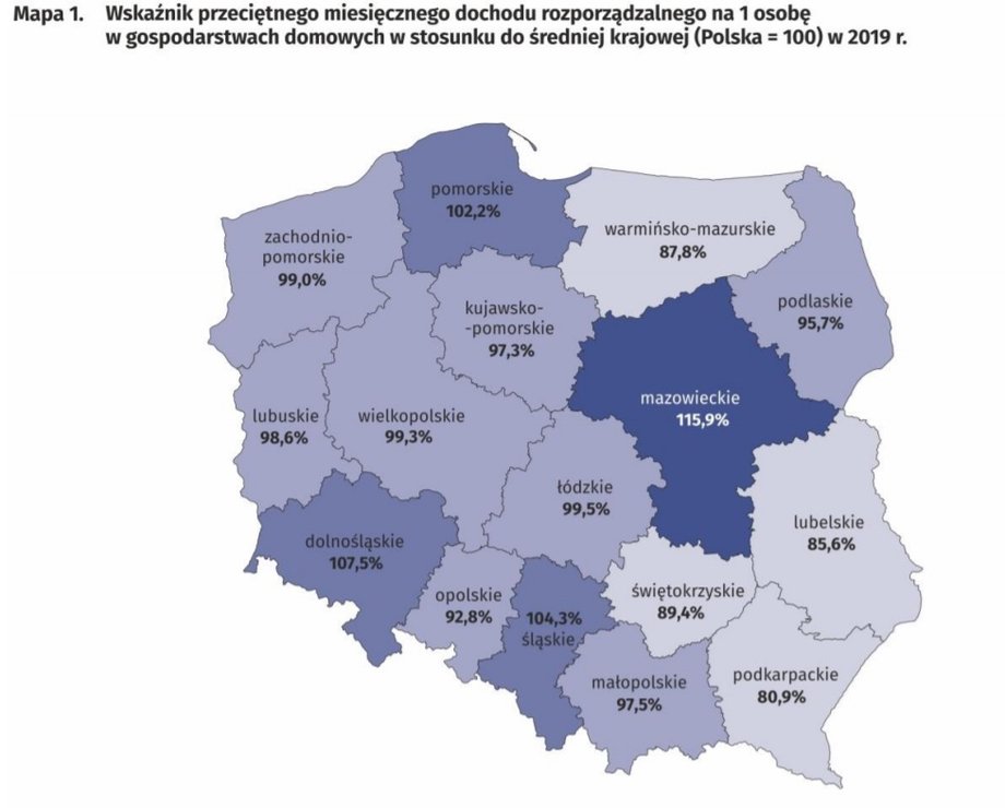 Najniższe dochody uzyskiwały gospodarstwa z województwa podkarpackiego (1471 zł) – o 19,1% poniżej średniej krajowej.