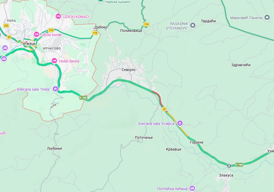 Mapa gužve pre Užica ka Zlatiboru