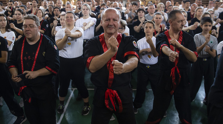 Simicskó István együtt edzett több mint kétszáz lelkes kungfussal az óbudai Bárczi Géza Általános Iskolában /Fotó: Czerkl Gábor