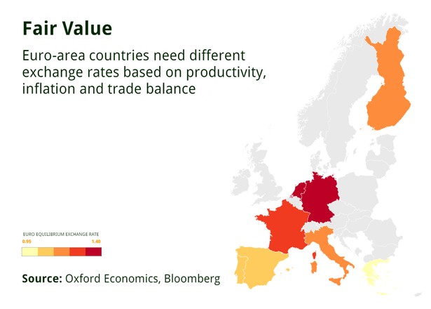 Optymalny kurs euro dla państw eurolandu - mapa