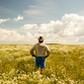 Man on field of wild flowers, Sarsy village, Sverdlovsk region, Russia