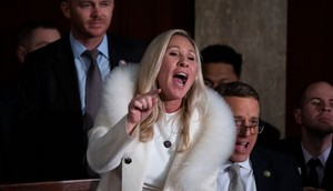 Rep. Marjorie Taylor Greene, R-Ga., yells during President Joe Bides State of the Union address in the House Chamber of the U.S. Capitol on Tuesday, February 7, 2023.Tom Williams/CQ-Roll Call, Inc via Getty Images