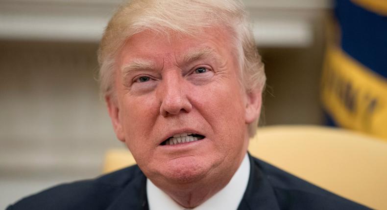 President Donald Trump pauses while meeting with Abu Dhabi's Crown Prince Sheikh Mohammed bin Zayed Al Nahyan, Monday, May 15, 2017, in the Oval Office of the White House in Washington.