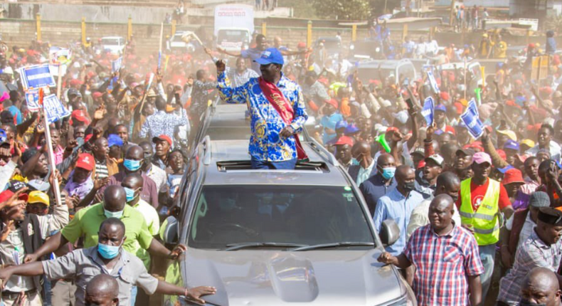 Azimio La Umoja presidential aspirant Raila Odinga during a rally in Meru County on March 10, 2022