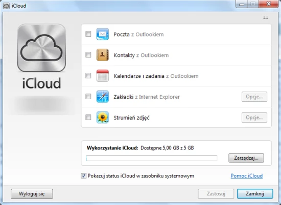 Interfejs pecetowego panelu kontrolnego iCloud. Jak widać, można zmusić oprogramowanie Apple'a do synchronizacji danych tworzonych wyłącznie na PC