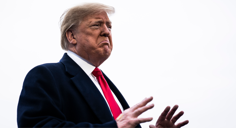 WASHINGTON, DC - JANUARY 14 : President Donald J. Trump stops to talk to reporters and members of the media on the 24th day of the partial government shutdown, the longest in US history, as he departs from the South Lawn at the White House on Monday, Jan. 14, 2019 in Washington, DC. (Photo by Jabin Botsford/The Washington Post via Getty Images)