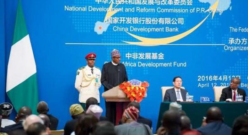 President Muhammadu Buhari at the opening ceremony of the China-Nigeria Business Forum in Beijing on April 12, 2016