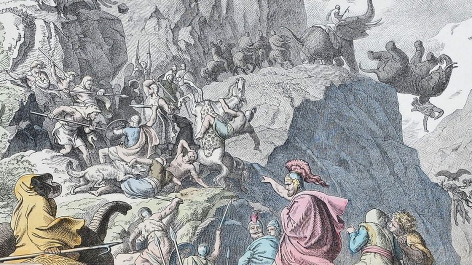 Przeprawa Hannibala przez Alpy. Rycina Heinricha Leutemanna