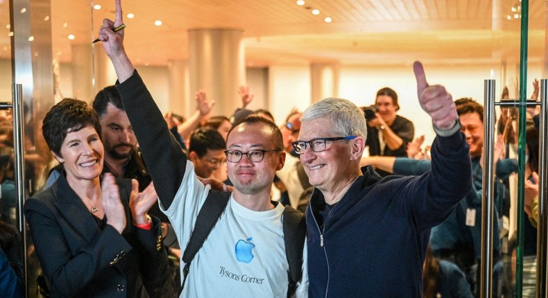 Apple CEO Tim Cook at the opening of Shanghai's new Apple retail store in Shanghai on March 21, 2024.AFP/Getty Images