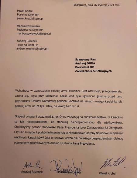 List posłów Lewicy do prezydenta Andrzeja Dudy