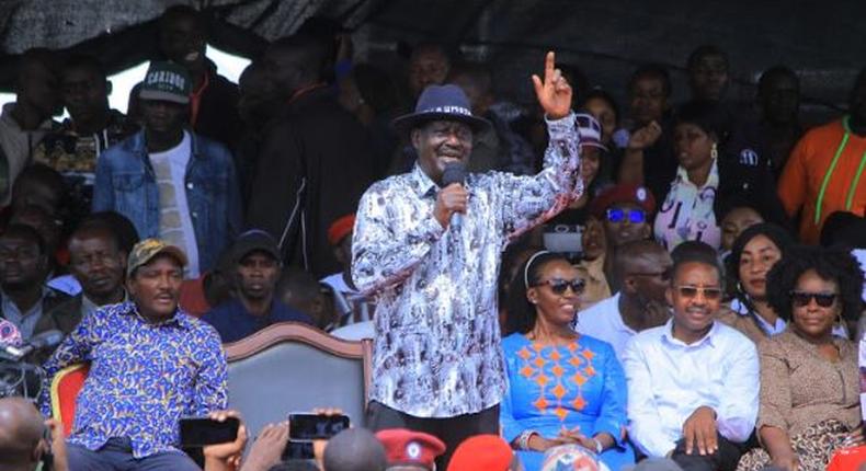 Raila Odinga in the company of Martha Karua of Narc-Kenya, Wiper's Kalonzo Musyoka and former Devolution Cabinet Secretary Eugene Wamalwa, Mwangi wa Iria among others in Kamkunji