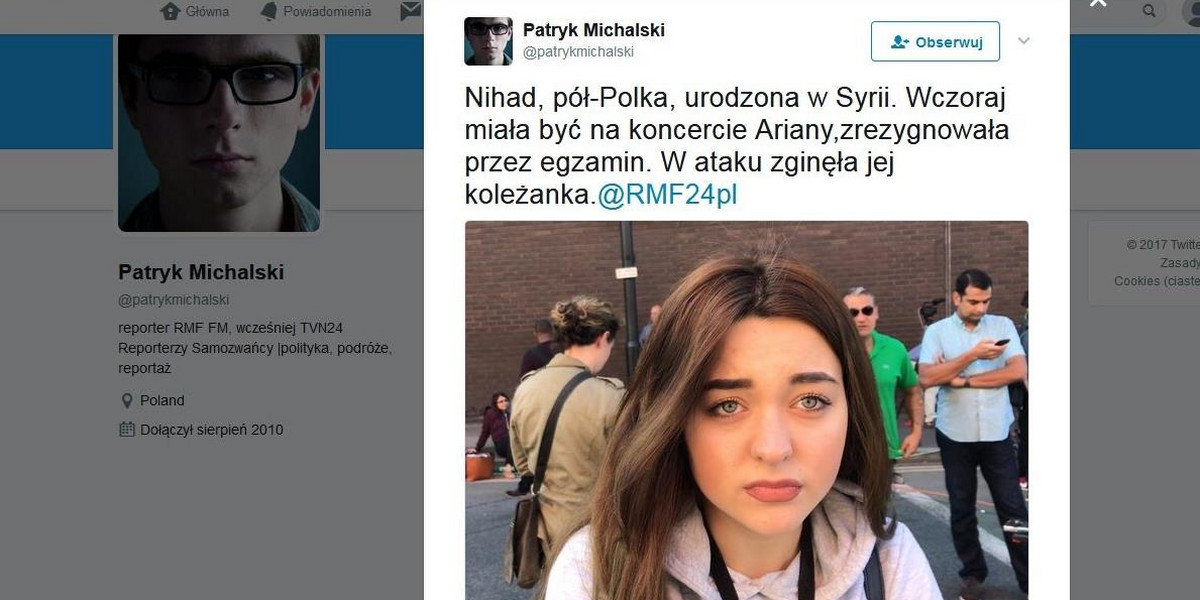 Zamach w Manchesterze. Nihab żyje, bo zrezygnowała z koncertu