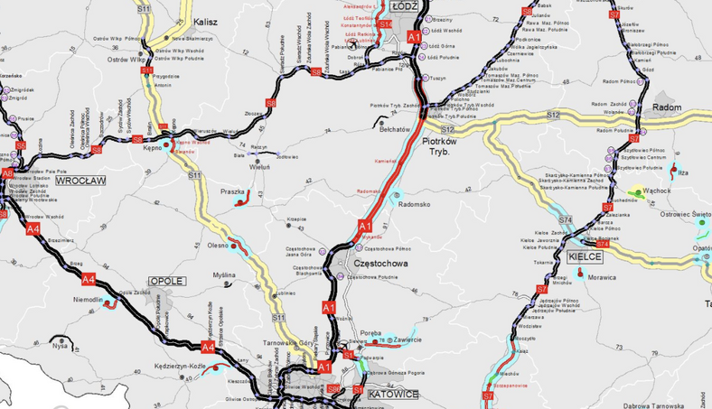 Odcinek drogi DK1, zaznaczony na czerwono, ma być 3-pasmową autostradą do 2022 roku. Obecnie na większości zaznaczonego na mapie odcinka trwają prace budowlane