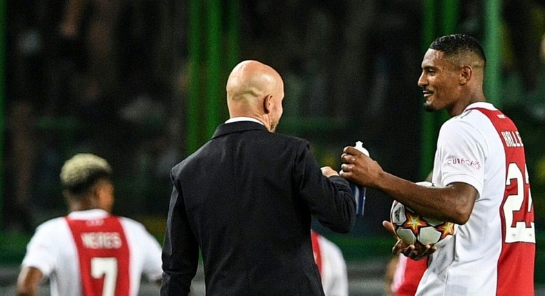 Ajax coach Erik ten Hag with Sebastien Haller after the Dutch club beat Sporting in Lisbon in September Creator: PATRICIA DE MELO MOREIRA