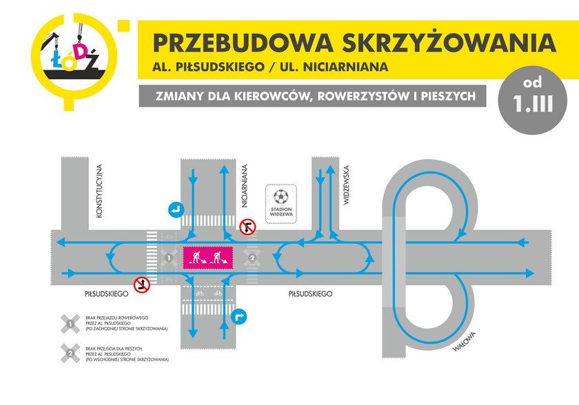 Schemat organizacji ruchu na Niciarnianej przy Piłsudskiego w Łodzi
