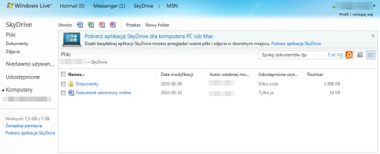 Klient webowy SkyDrive'a łączy funkcje menedżera plików z pozostałymi usługami online Microsoftu