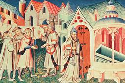 Ms Fr 2810 fol.274, Pilgrims in front of the Church of the Holy Sepulchre of Jerusalem, from 'Livre 