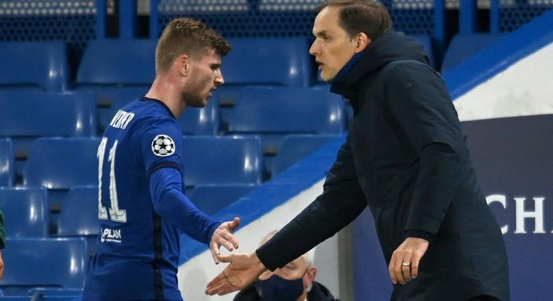 Chelsea coach Thomas Tuchel with Timo Werner during their Champions League semi-final win over Real Madrid on Wednesday Creator: Glyn KIRK