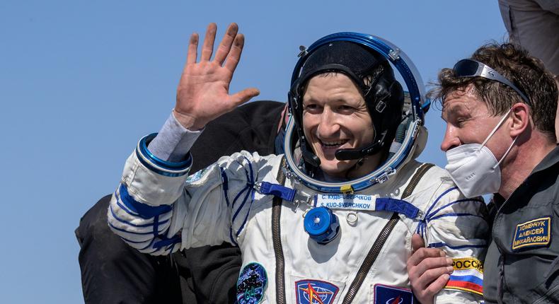 ISS crew member Sergey Kud-Sverchkov lands with the Soyuz MS-17 space capsule in a remote area outside Zhezkazgan, Kazakhstan on April 17, 2021.
