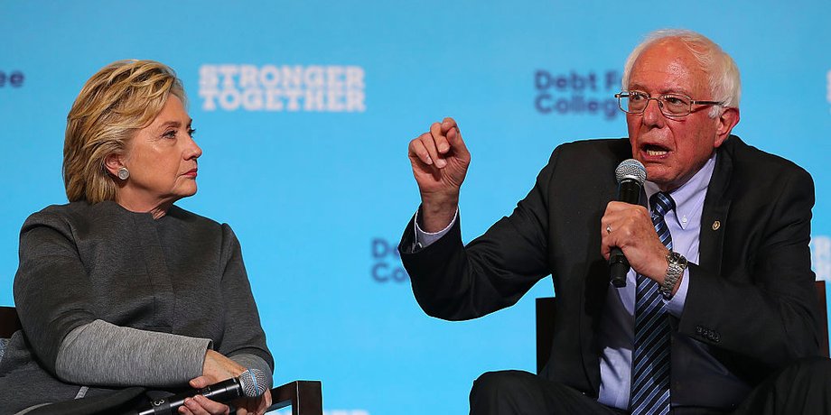 Sen. Bernie Sanders and former Secretary of State Hillary Clinton at a campaign appearance.