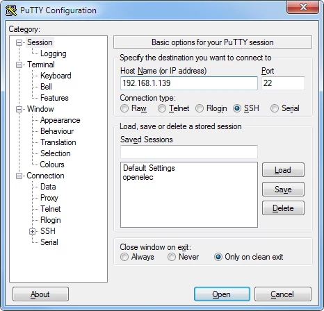 PuTTY – panel konfiguracyjny