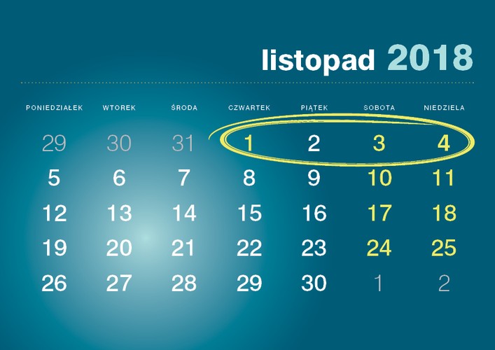 W 2018 roku kalendarz układa się korzystnie w związku ze Świętem Wszystkich Świętych. Wypada ono w czwartek, więc biorąc jeden dzień wolnego, zyskujemy czterodniowy weekend. Niestety 11 listopada to w 2018 roku niedziela.