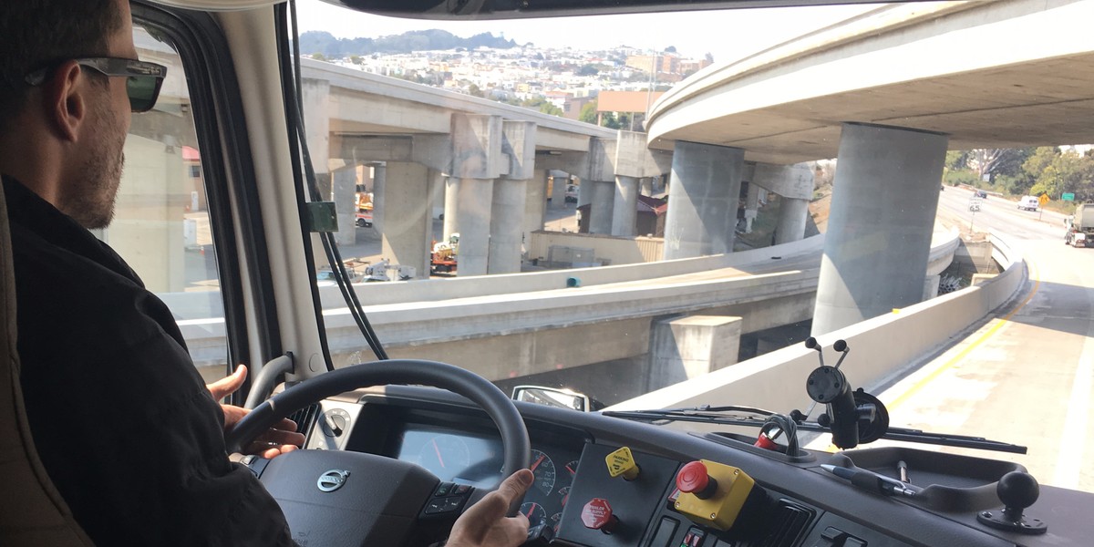 Grigsby's hands hover in case he needs to grab the wheel as Otto navigates a section of interstate with a lot of crossing bridges.