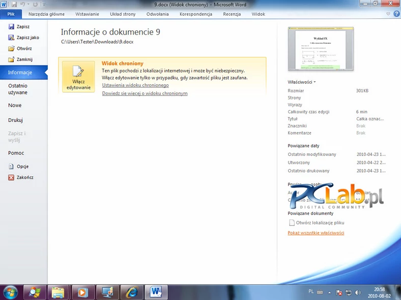 MS Word 2010 – informacje o widoku chronionym (kliknij, aby powiększyć)