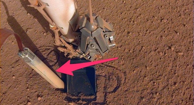 The InSight lander's heat probe, or mole, poking out of the hole where it got stuck on October 26, 2019.